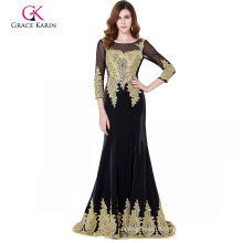 Grace Karin 3/4 Sleeve Golden Appliques Embellished Black Evening Dress Long Sleeves GK000117-1